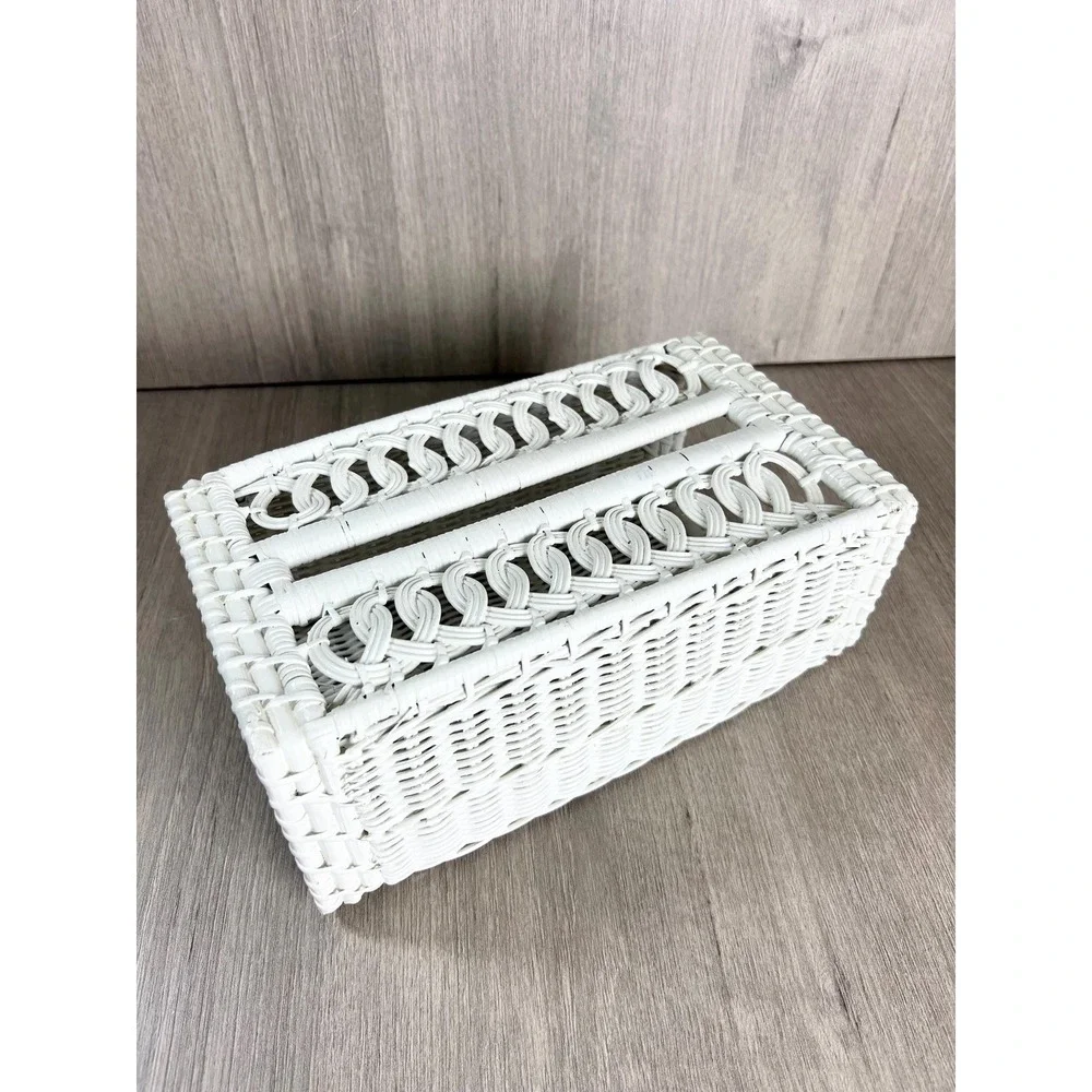 Vintage Wicker Rattan White Tissue Box Holder Shabby Chic Country Cottage